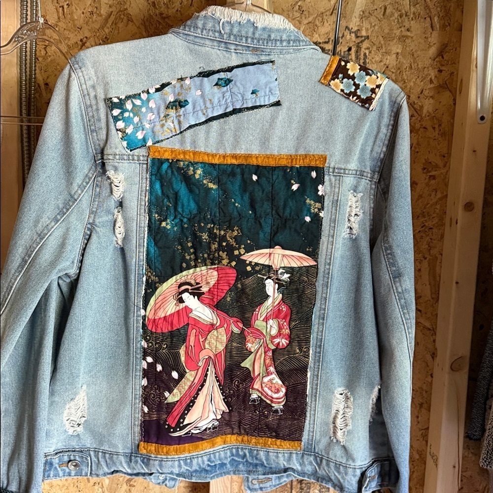 Cisono Upcycled Denim Jacket Kimono Geisha Art Boho XL